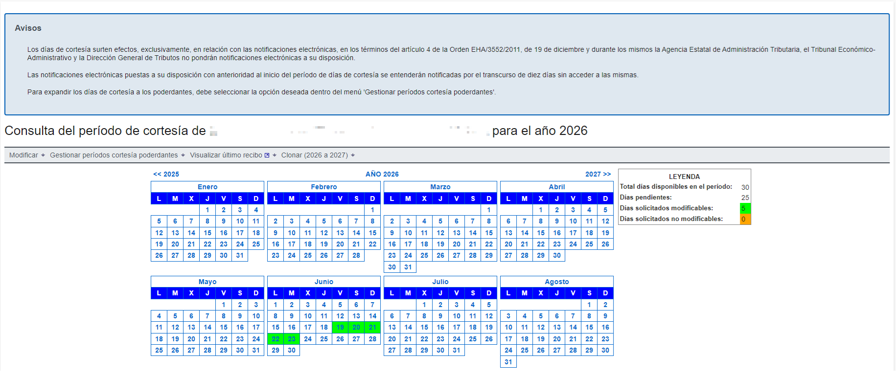 Consultar los días de cortesía