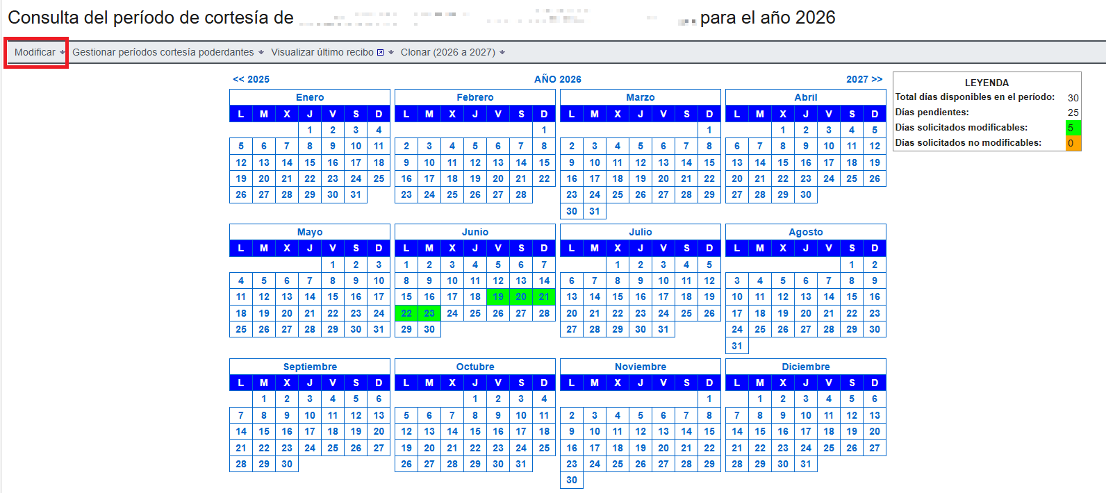 Modificar días de cortesía