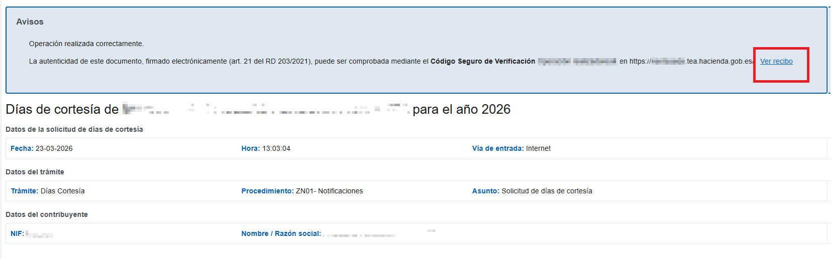 Consultar el recibo de presentación