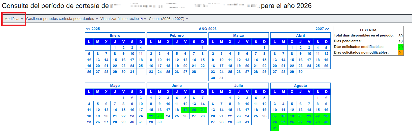 Modificar los días de cortesía del apoderado
