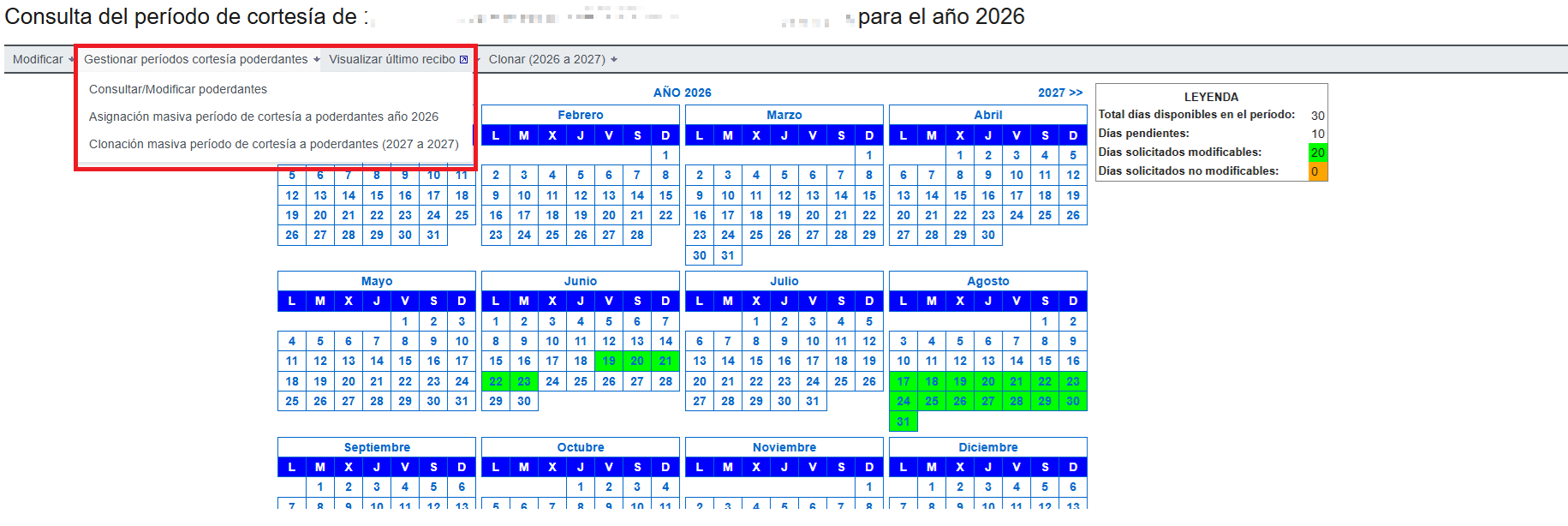 Gestión de días de cortesía de poderdantes