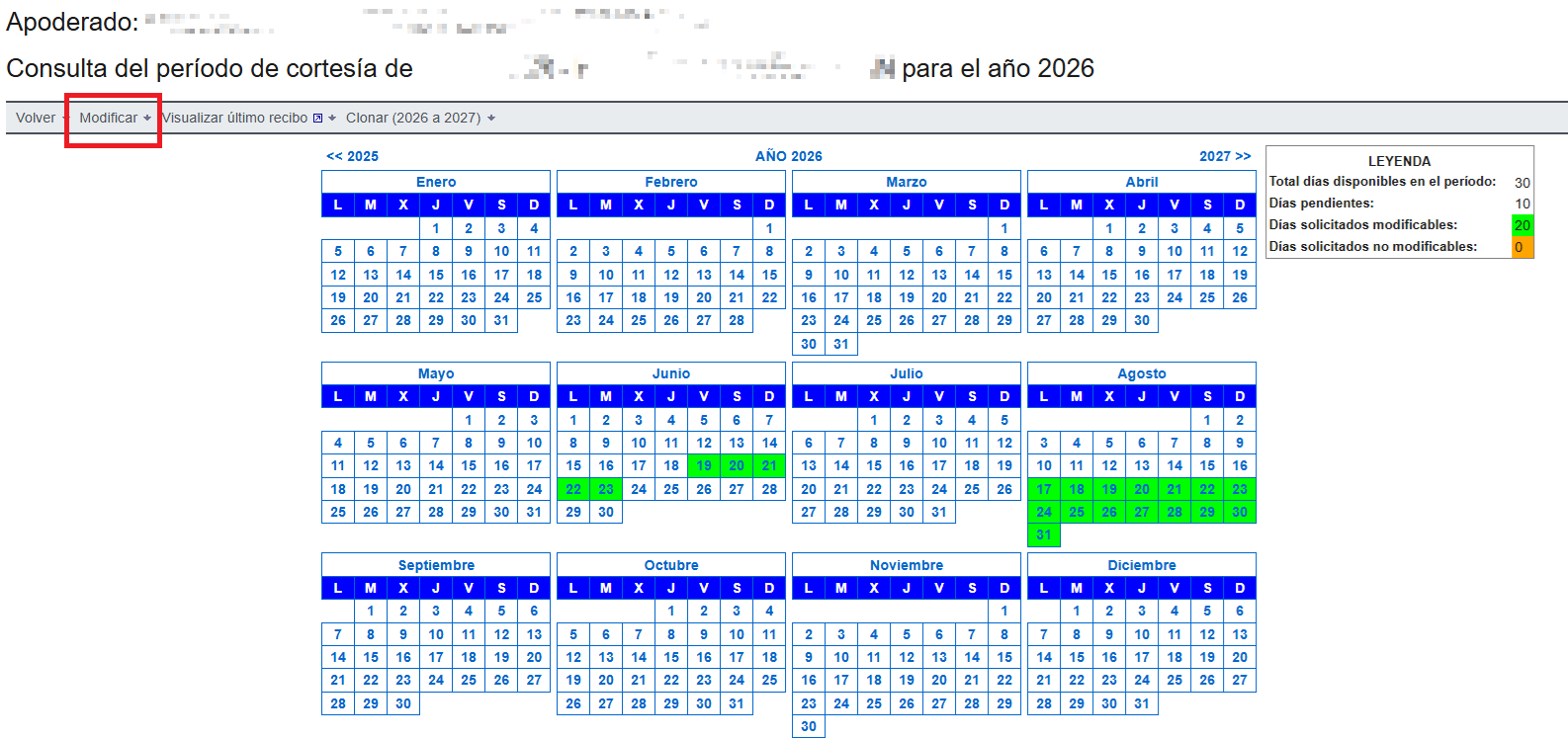 Consultar o modificar dias de cortesía de poderdantes